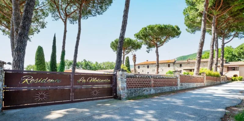 A gated property entrance beside a tree-lined road and low brick wall.