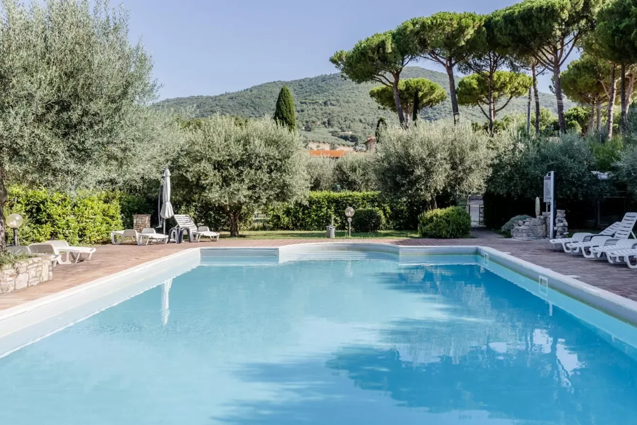 An outdoor swimming pool is surrounded by lounge chairs and trees.