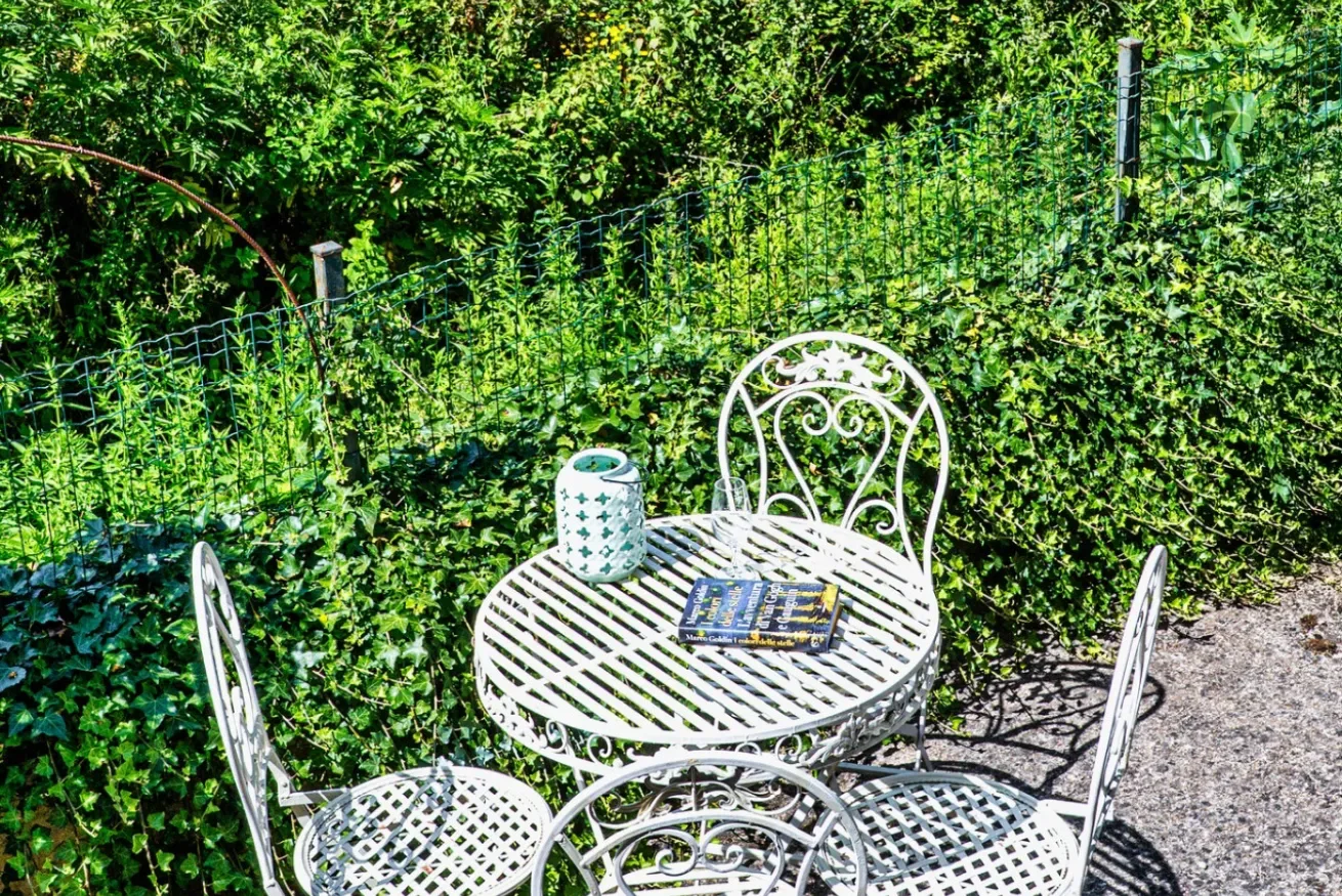 A small outdoor patio table and seating sit beside a leafy hedge.