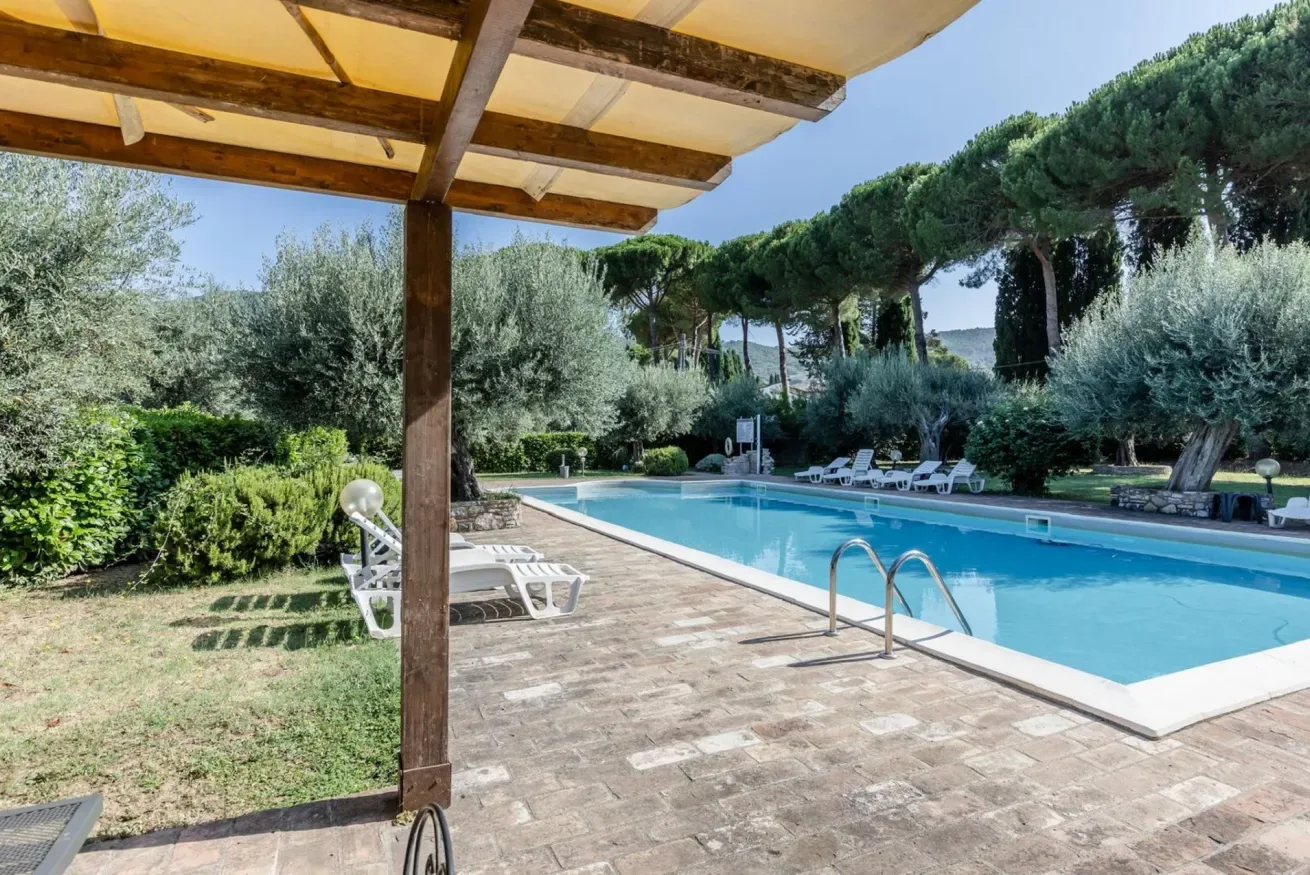 An outdoor swimming pool beside a paved patio and leafy garden.