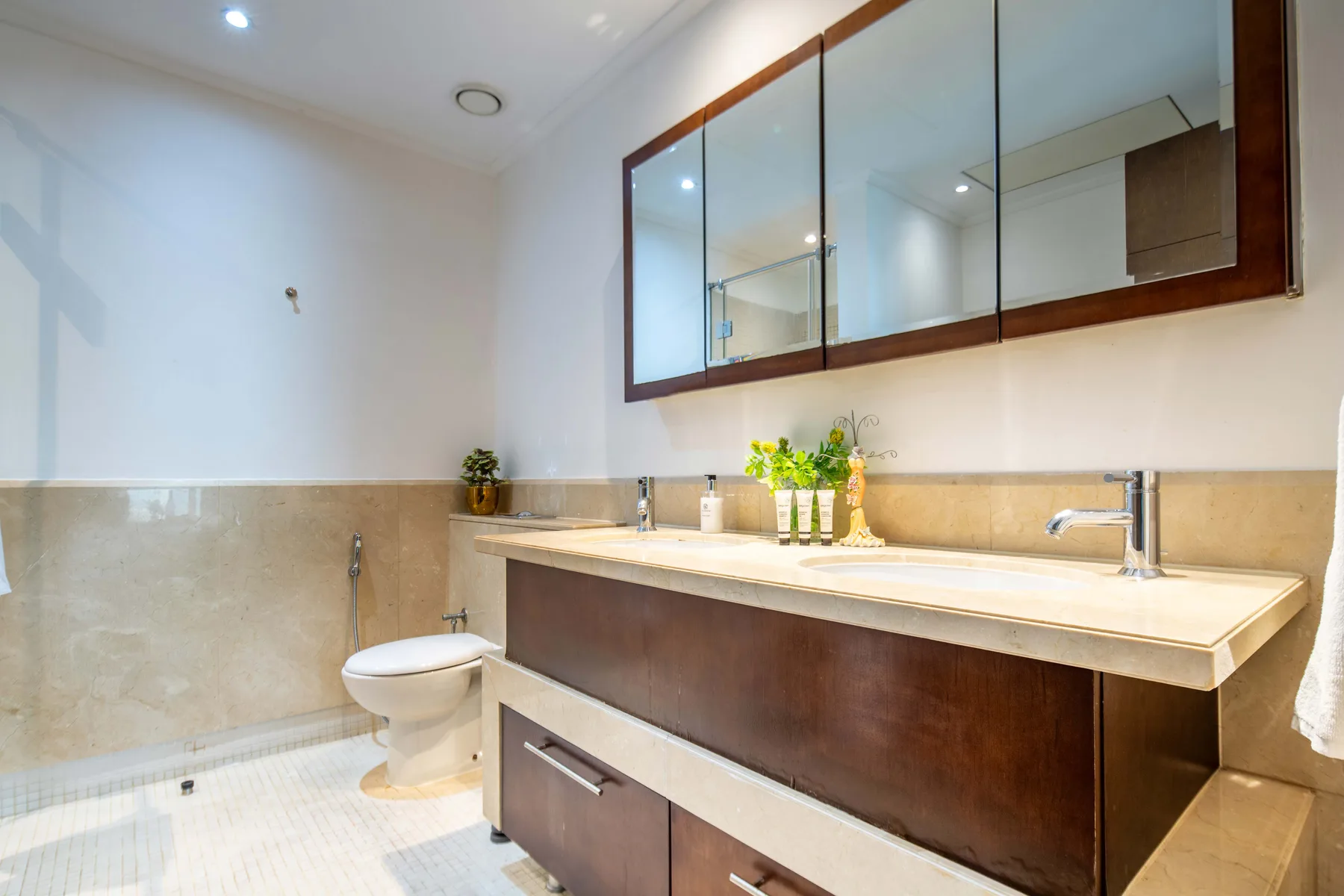 Un baño luminoso con un mueble largo y armarios con espejo.