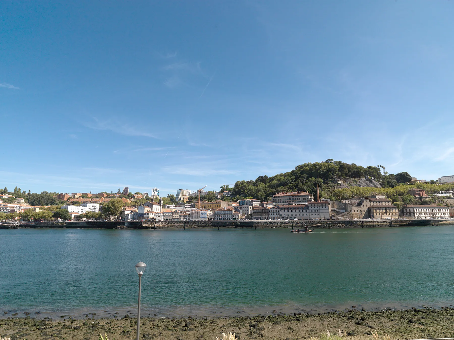 A river view across the water toward a waterfront town and wooded hill.