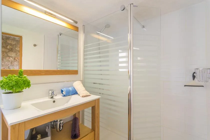 A bright bathroom with a sink and a glass shower enclosure.