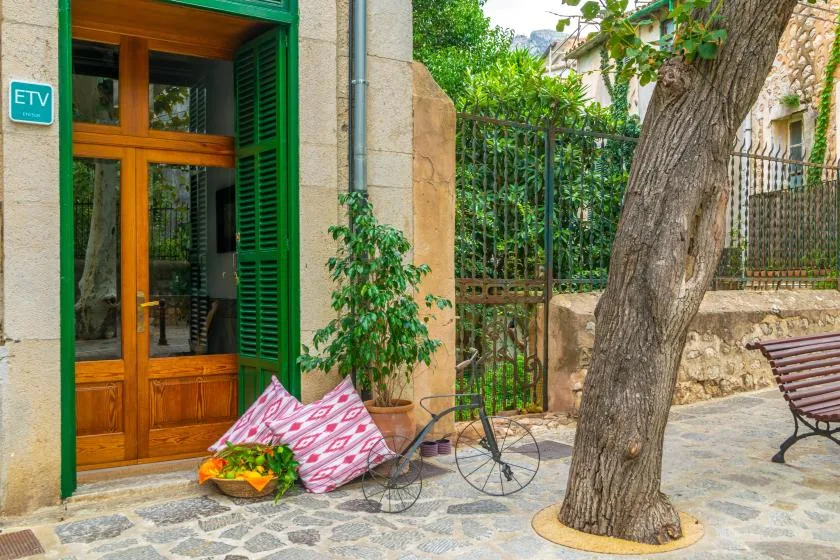 A stone-paved outdoor entrance with wooden doors, green shutters, and a large tree.