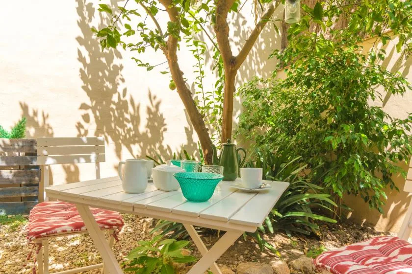 An outdoor patio table sits beneath leafy trees, with cushions nearby.