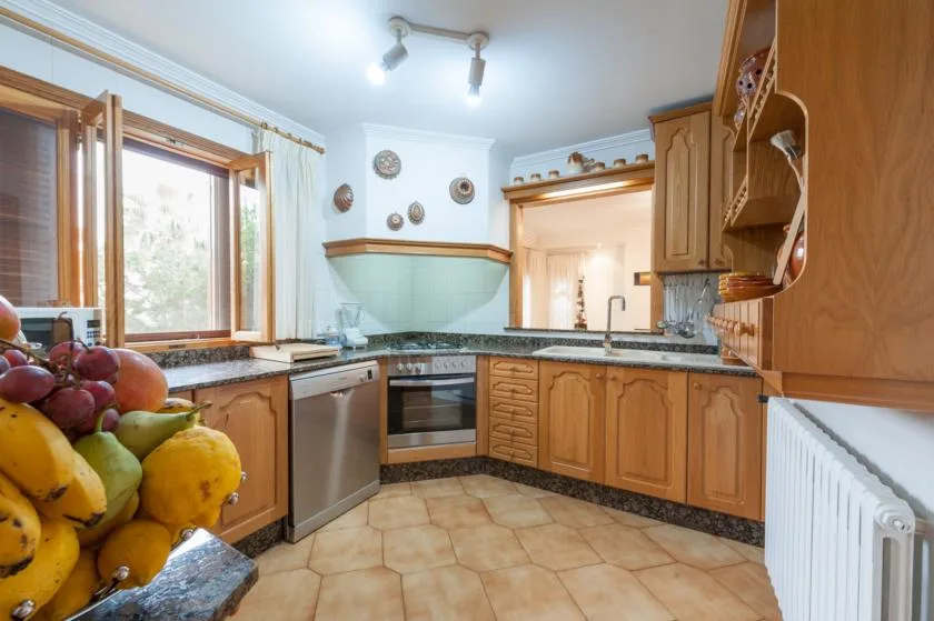 A kitchen with wooden cabinets, a countertop, and fruit by the window.