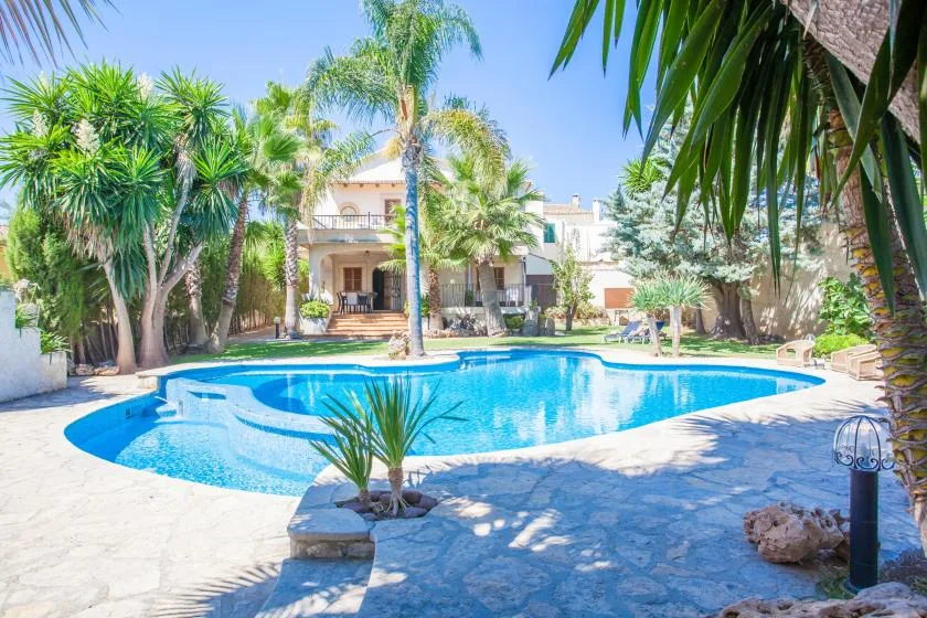 A landscaped courtyard with a swimming pool and a house in the background.