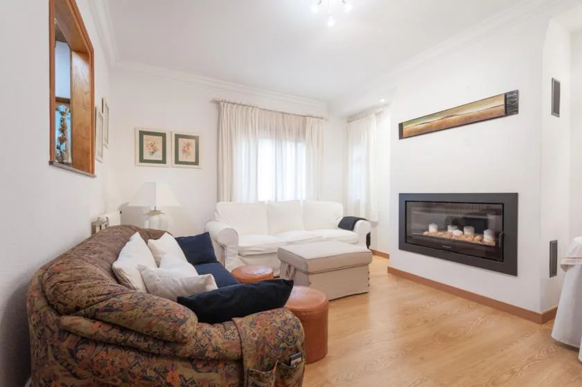 Living room with seating, sheer curtains, and a wall-mounted fireplace.