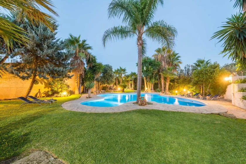 An outdoor swimming pool is surrounded by lawn, palm trees, and garden lights.