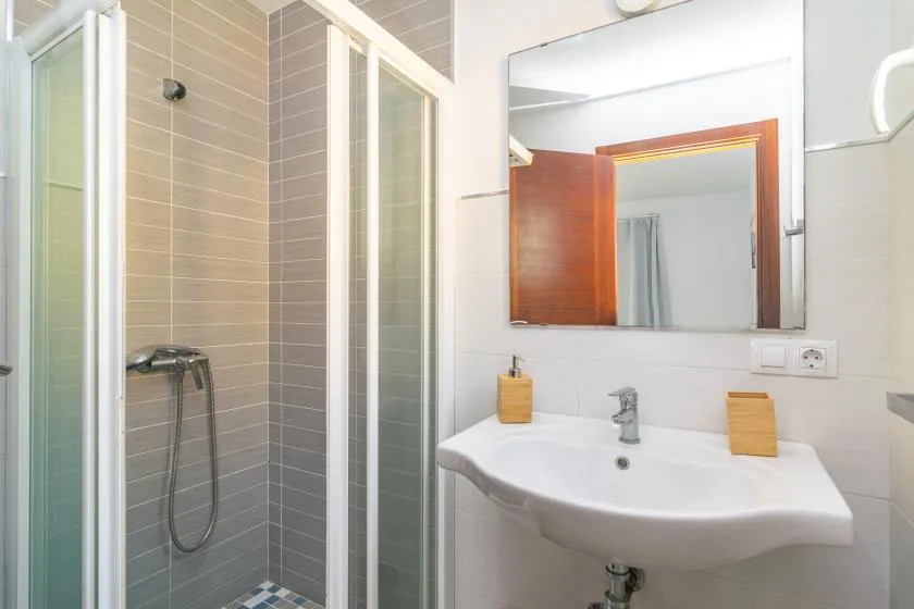 A bathroom with a shower and a white sink beneath a large mirror.