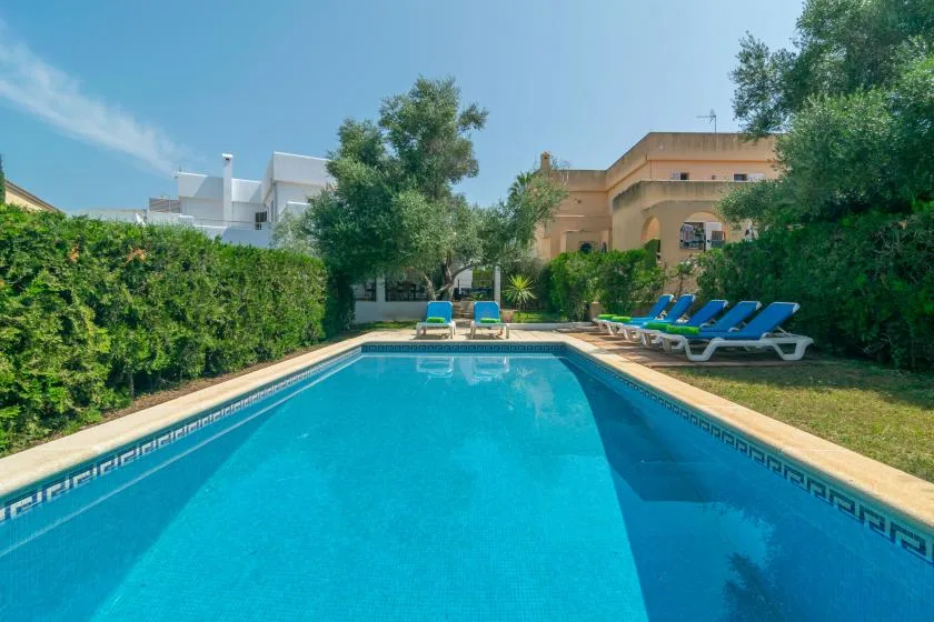 An outdoor swimming pool bordered by hedges and lounge chairs.