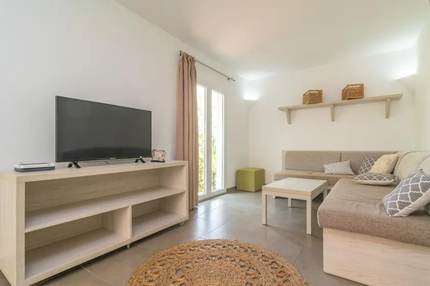 A bright living room with a television, seating, and a low coffee table.