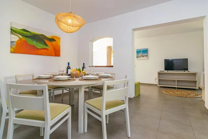 A dining area with a table and chairs opens onto a living area with a television.