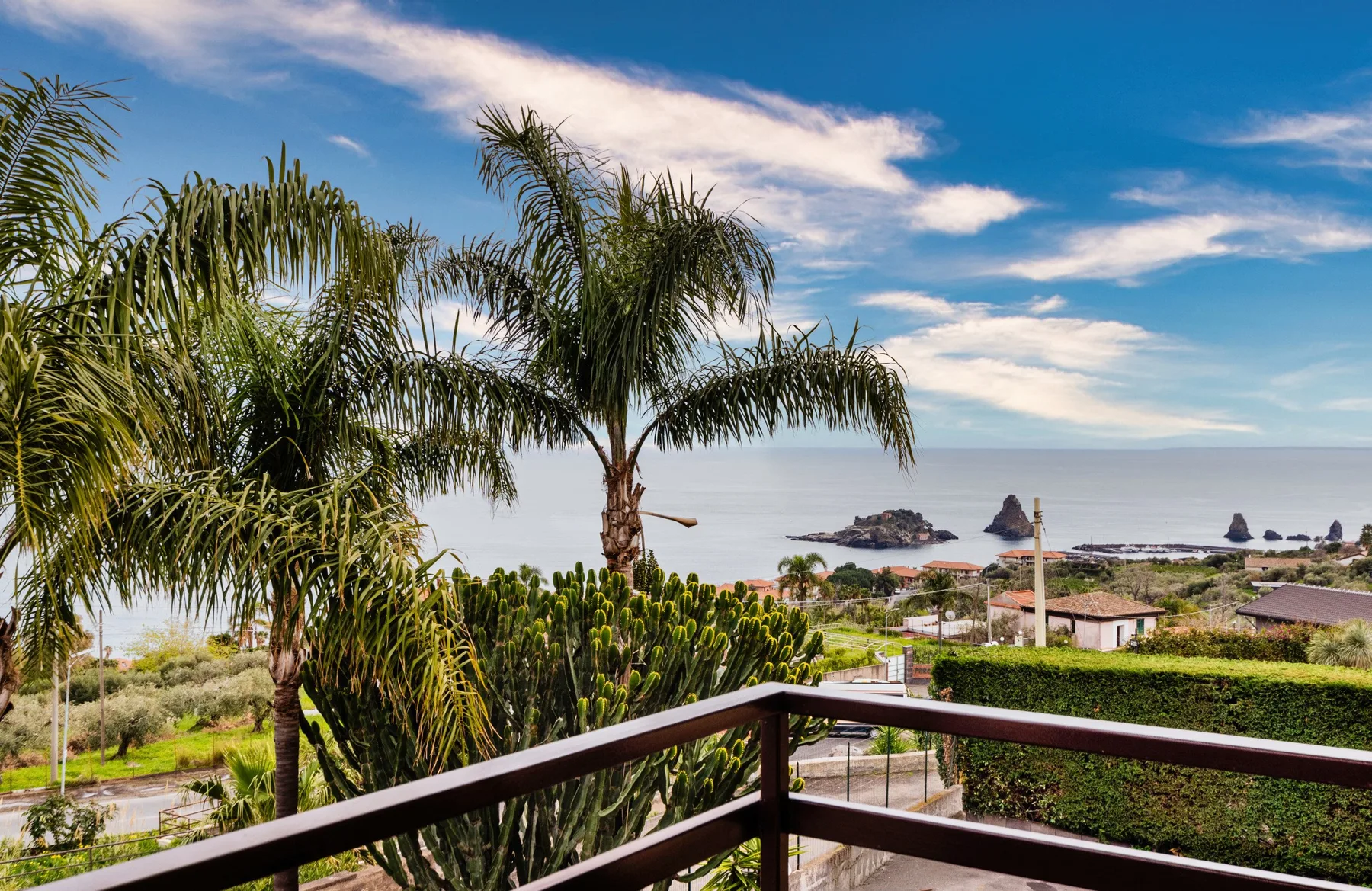 A balcony overlooks palm trees, greenery, and the ocean.