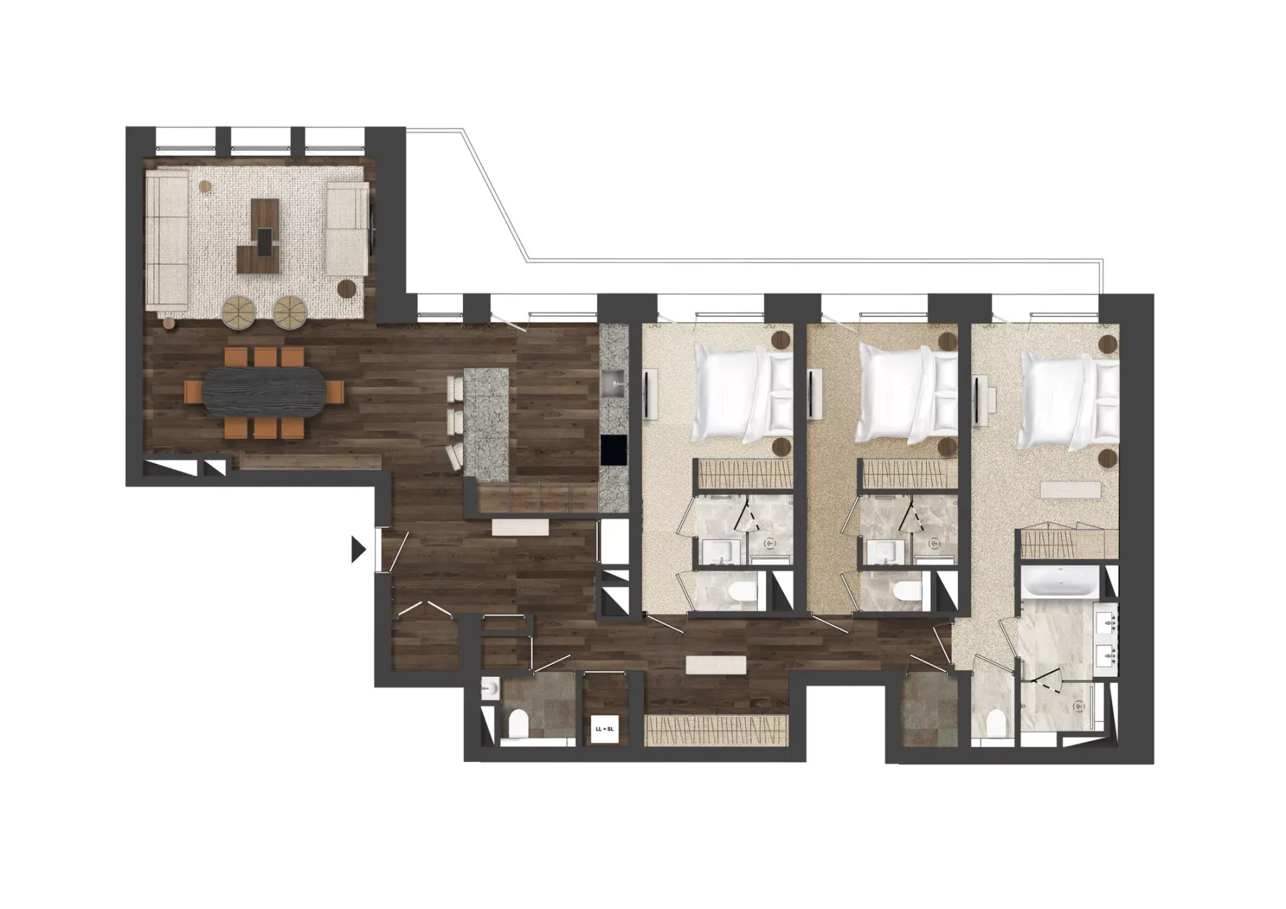 A furnished apartment floor plan shows a living area, kitchen, and several bedrooms.
