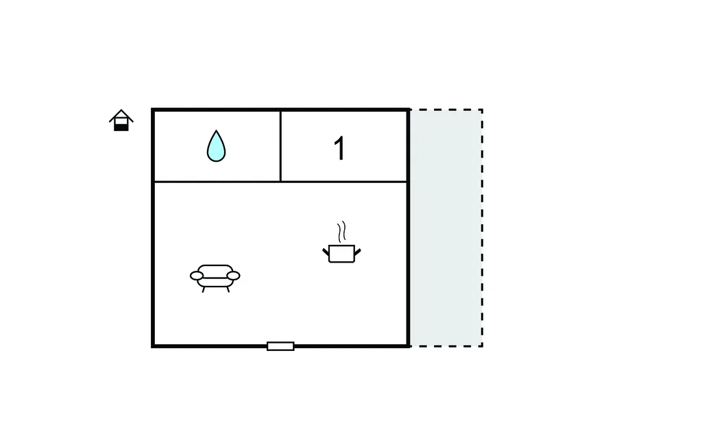 A simple floor plan shows a room with seating and a sink.