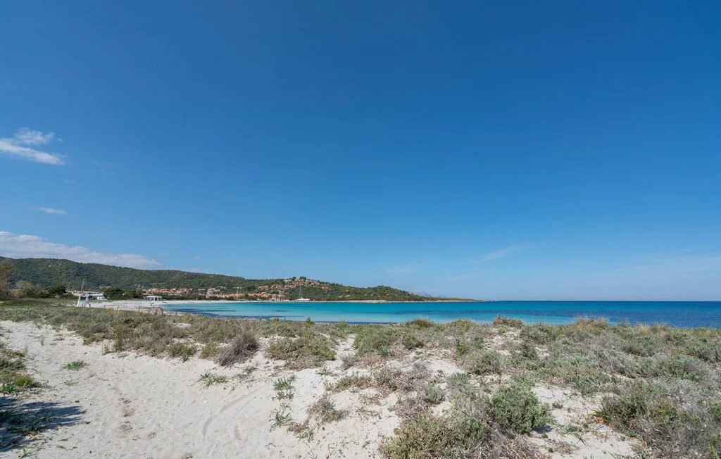 A sandy beach with low coastal vegetation overlooks blue water and distant hills.