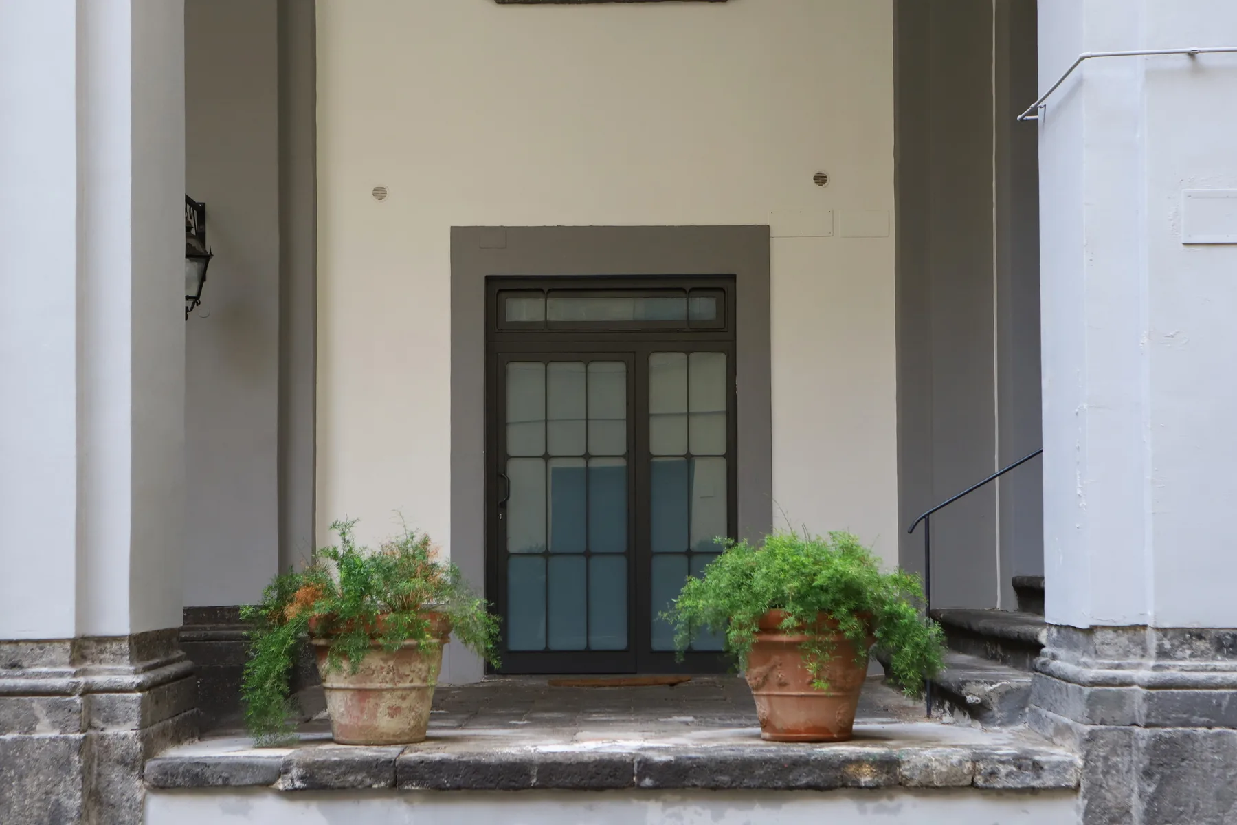 Una entrada retranqueada con una puerta de vidrio de marco oscuro y plantas en macetas.
