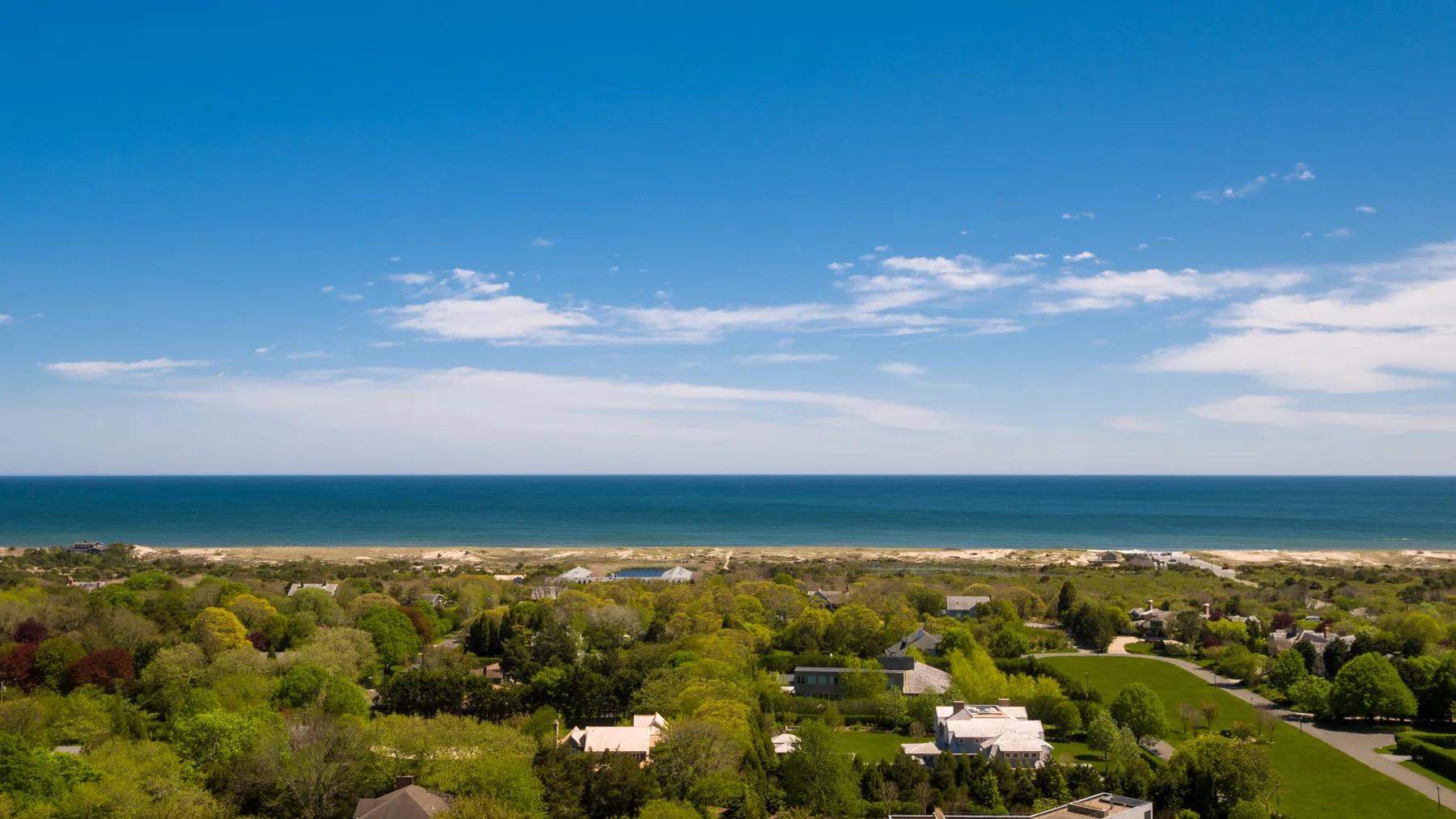 Vista aérea de una zona residencial verde con el océano en el horizonte.