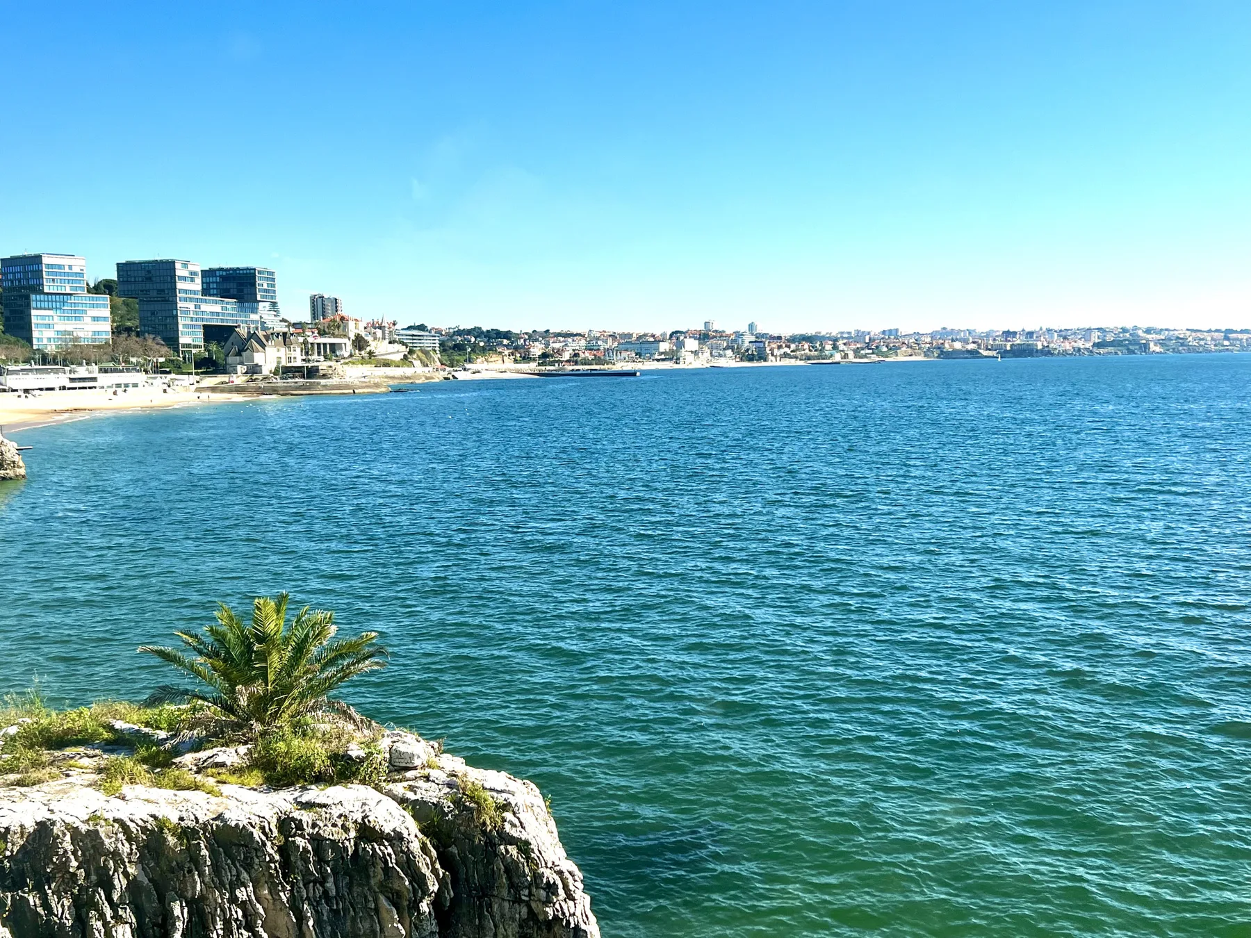 A coastal view shows blue water, a sandy beach, and buildings along the distant shore.