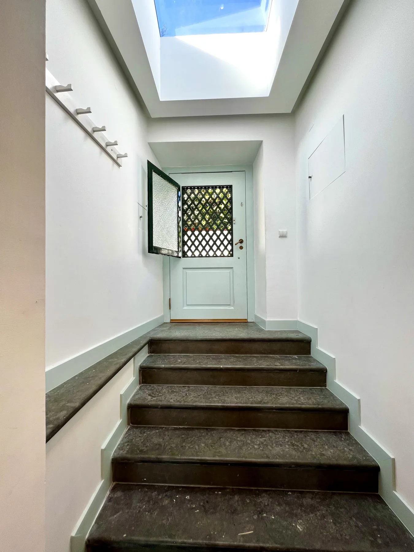 An entryway with dark steps leading to a pale door beneath a skylight.