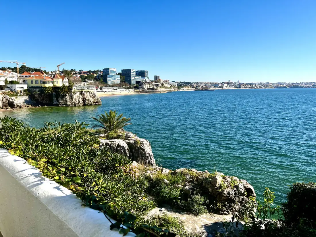 A coastal bay with rocky shoreline, seaside buildings, and blue water.
