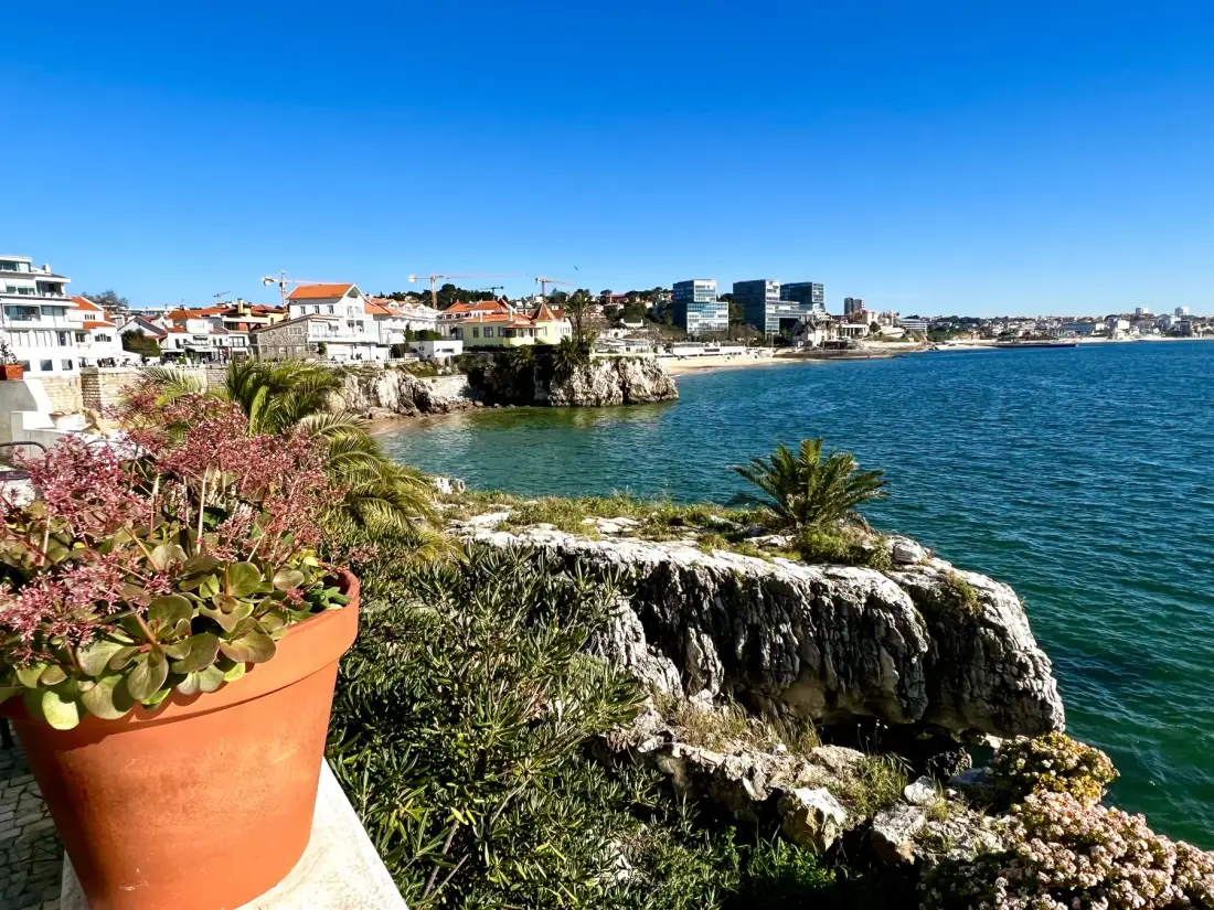 A coastal landscape with rocky shoreline, blue water, and buildings along the bay.