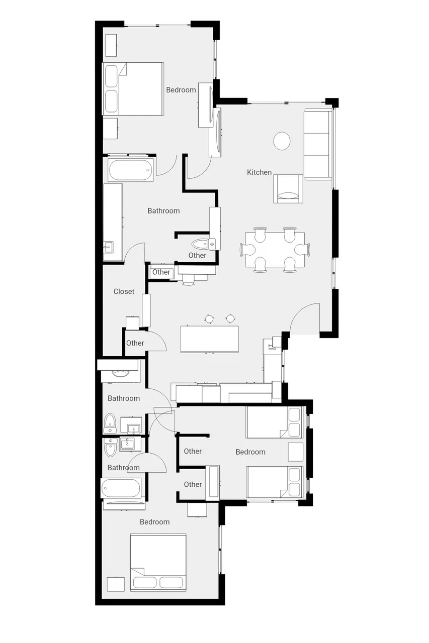 Plano de un apartamento con dormitorios, baños, cocina y una zona central de estar.