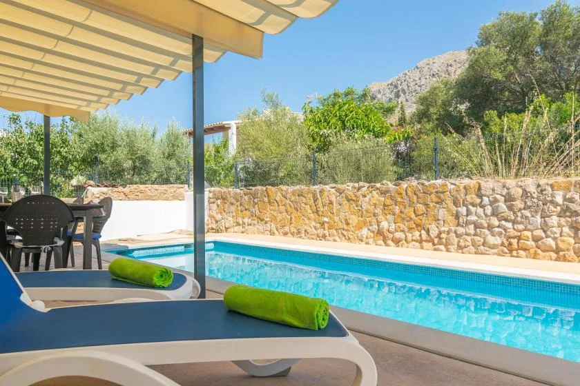 A swimming pool beside lounge seating under a shaded patio.