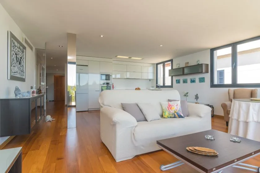 A bright open-plan living room with a white sofa and kitchen in the background.