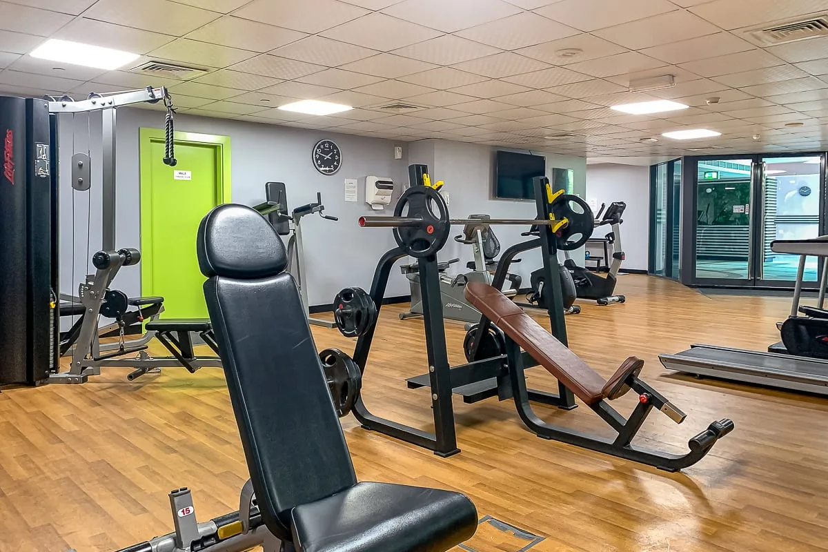 Una sala de entrenamiento con pesas y máquinas de ejercicio.