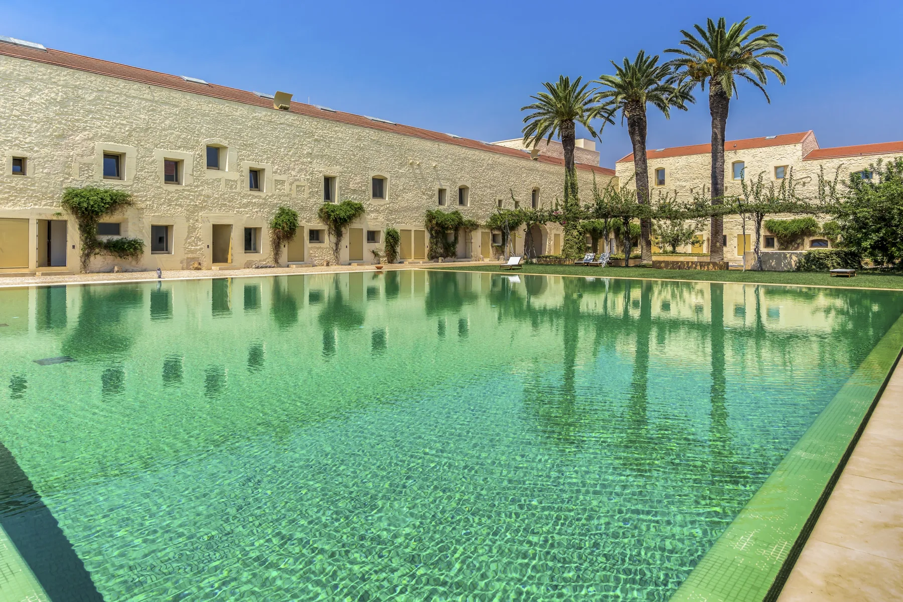 A large outdoor swimming pool sits in front of a low-rise building and palm trees.