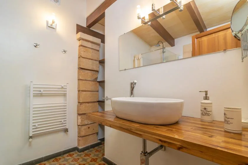 A bathroom vanity with a vessel sink, wood countertop, and wall mirror.