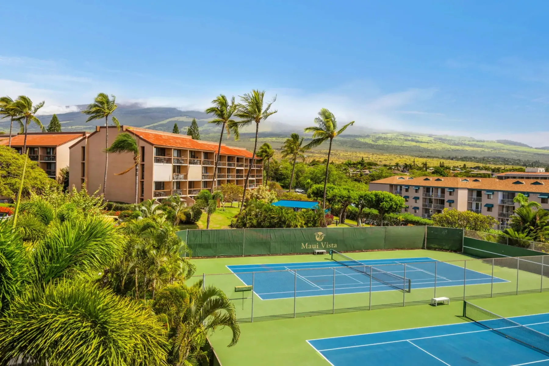 Outdoor tennis courts sit among palm trees and low-rise buildings, with green hills in the distance.