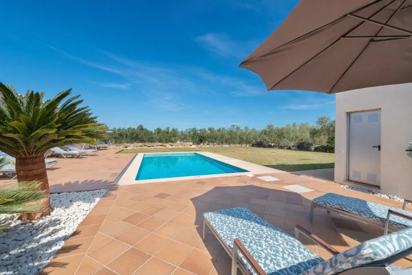 Una piscina al aire libre junto a un patio de baldosas, con tumbonas y una sombrilla.