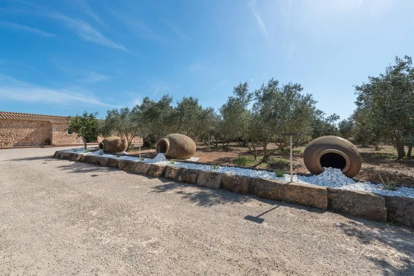 Un jardín al aire libre con árboles y grandes vasijas de terracota junto a un camino de grava.