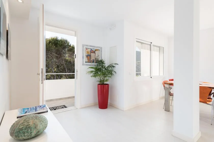 Interior blanco y luminoso con una puerta abierta, una planta en maceta y comedor.