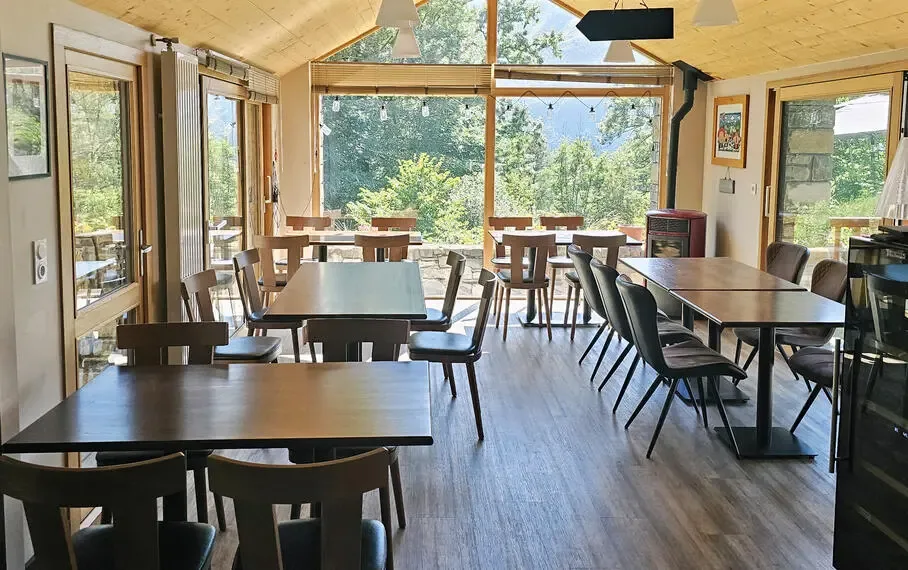 Restaurant dining room with Pyrenees views