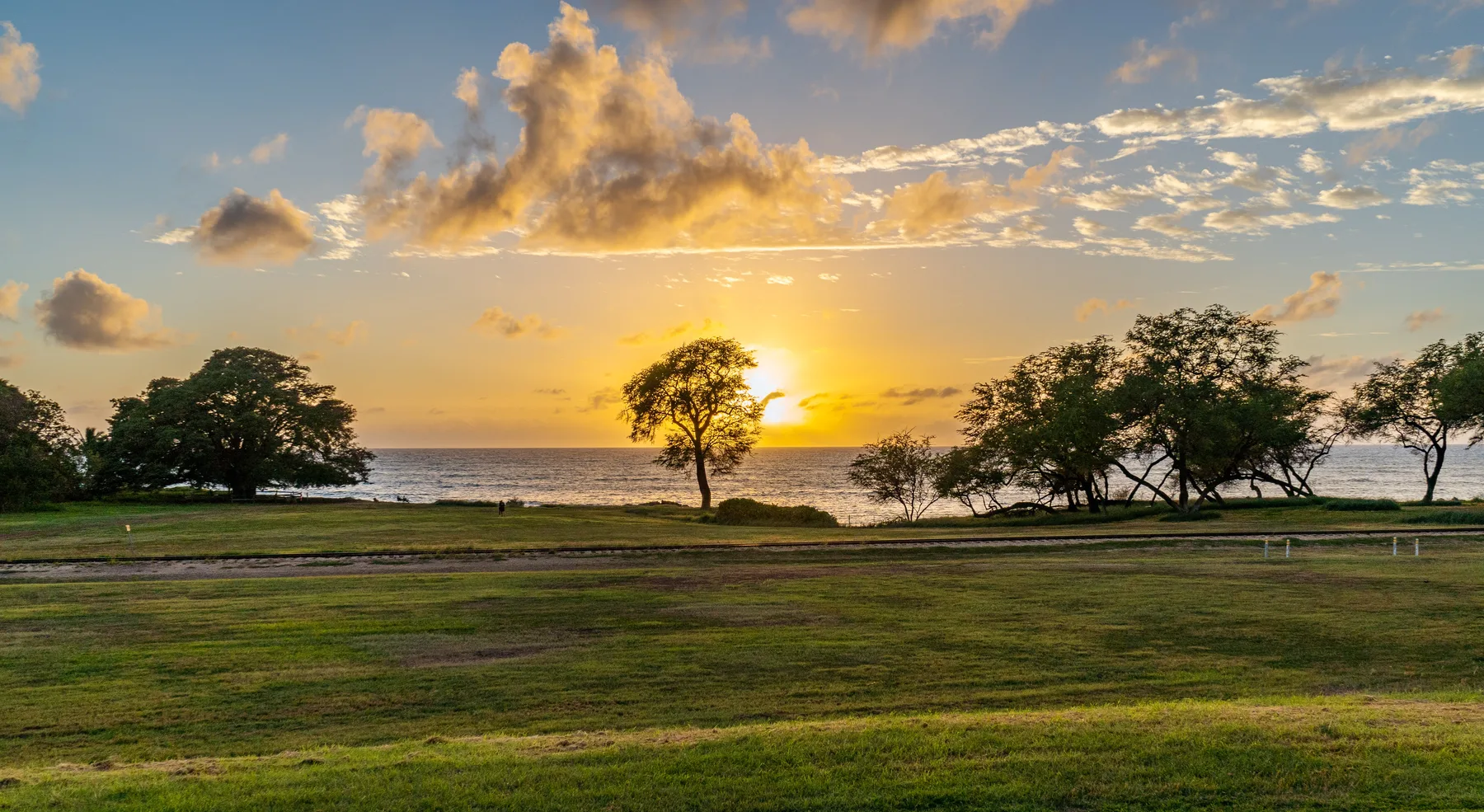 A grassy waterfront park overlooks the water at sunset, with trees along the shore.