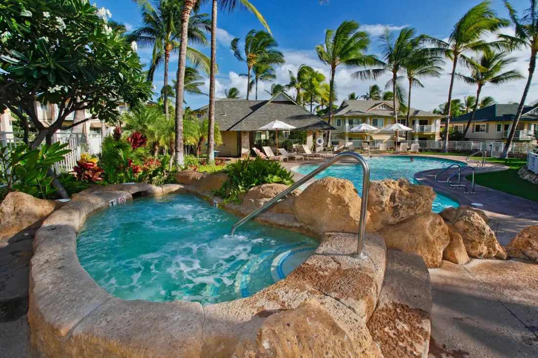 Una zona de piscina al aire libre con un spa burbujeante y palmeras.