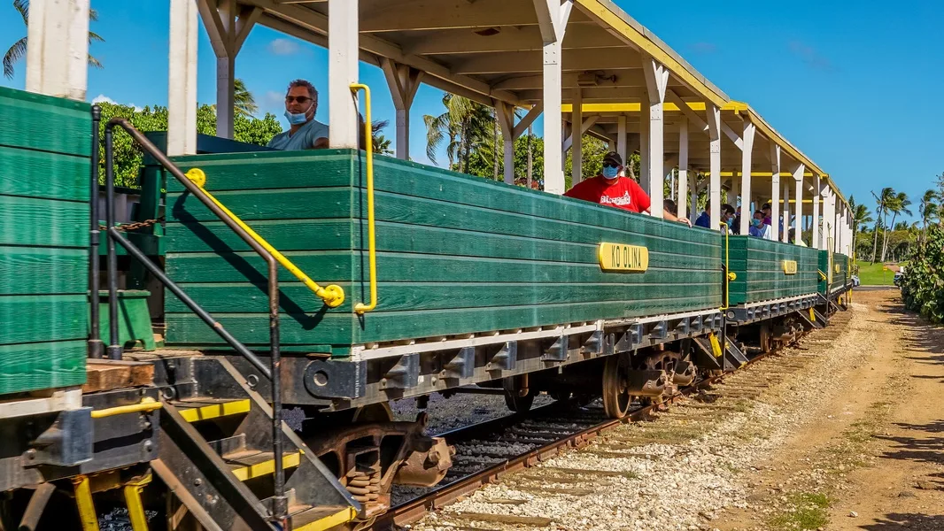 An open-sided train with green passenger cars sits on tracks beneath a covered platform.