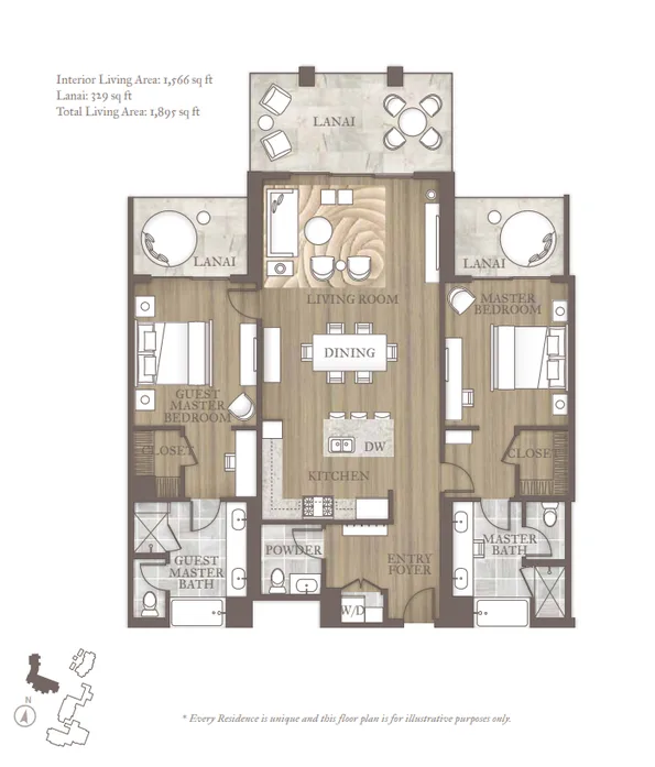 Un plano etiquetado de un apartamento muestra una sala y comedor centrales, con dormitorios a ambos lados.