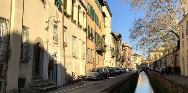 A narrow canal runs beside a sunlit street lined with buildings and parked cars.