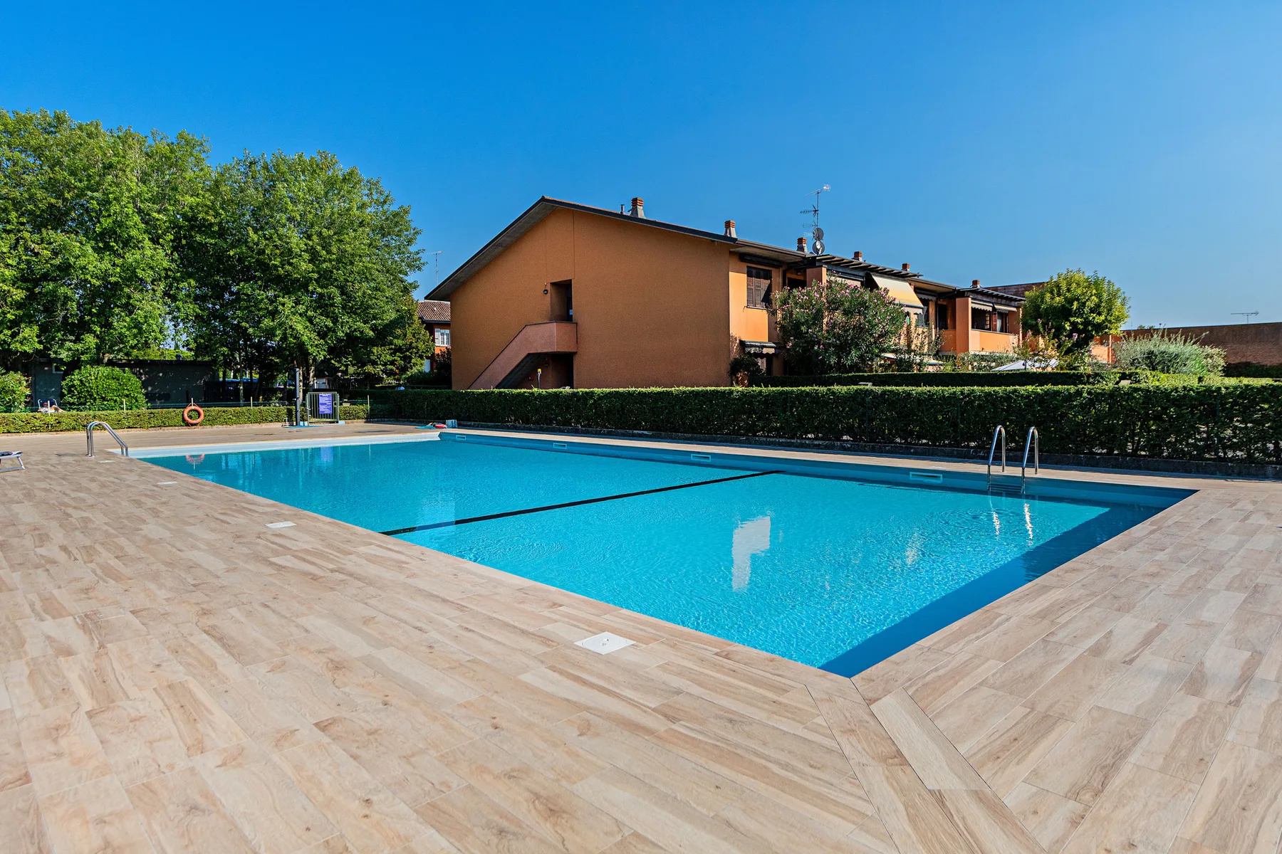 An outdoor swimming pool bordered by a paved deck and greenery.