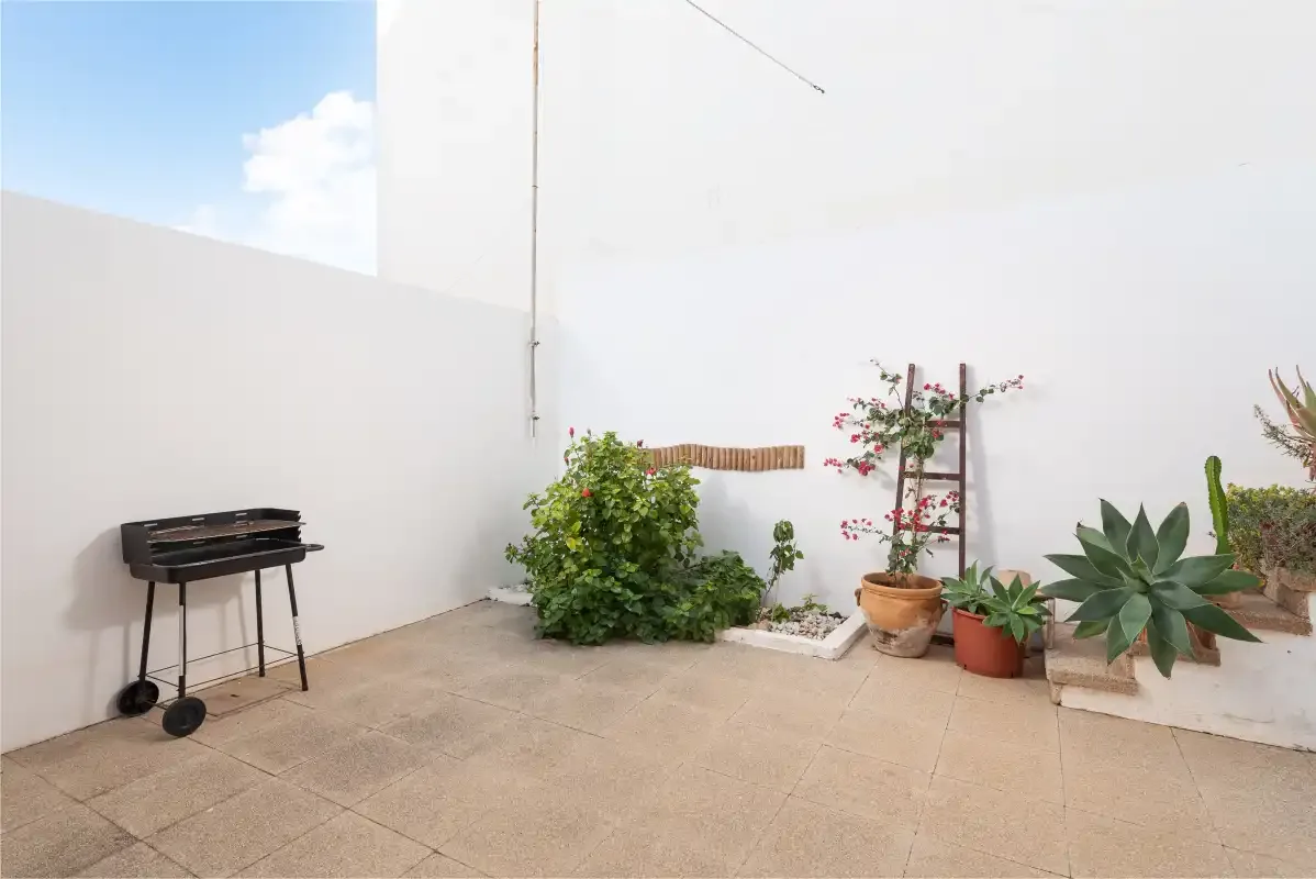 A paved outdoor patio with a barbecue and potted plants.