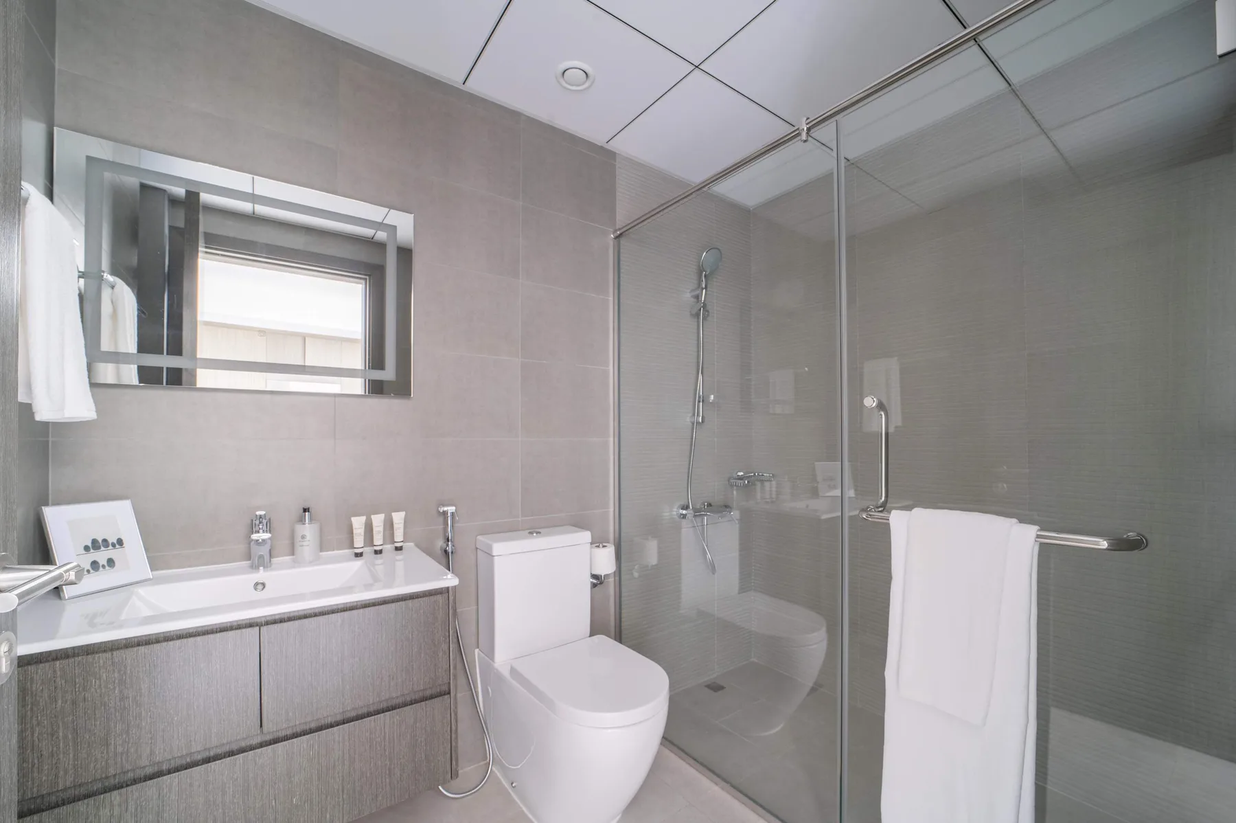 A modern bathroom with a vanity, toilet, and glass shower.