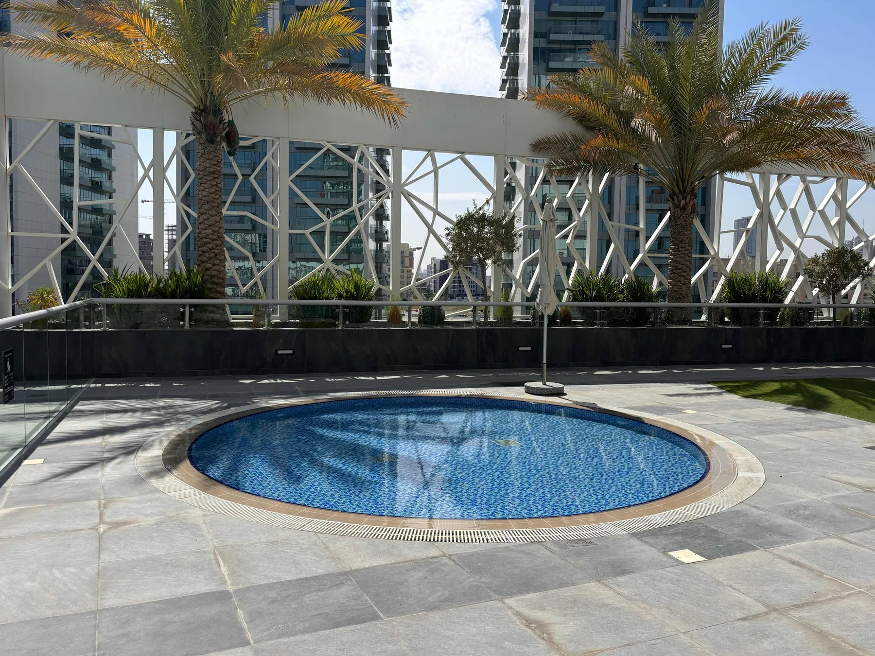 A small outdoor pool sits on a paved terrace among palm trees.