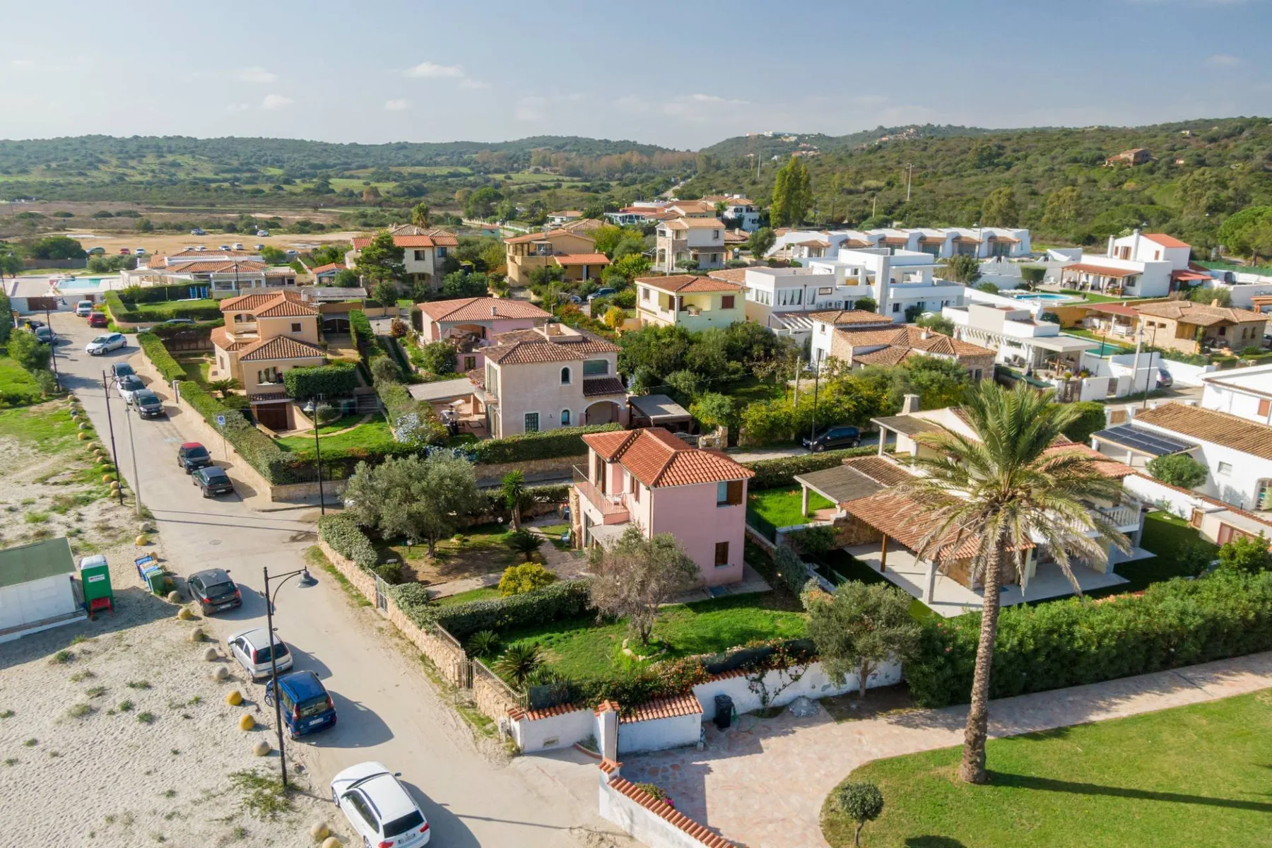 Vista aérea de un barrio residencial con casas, jardines y una palmera.