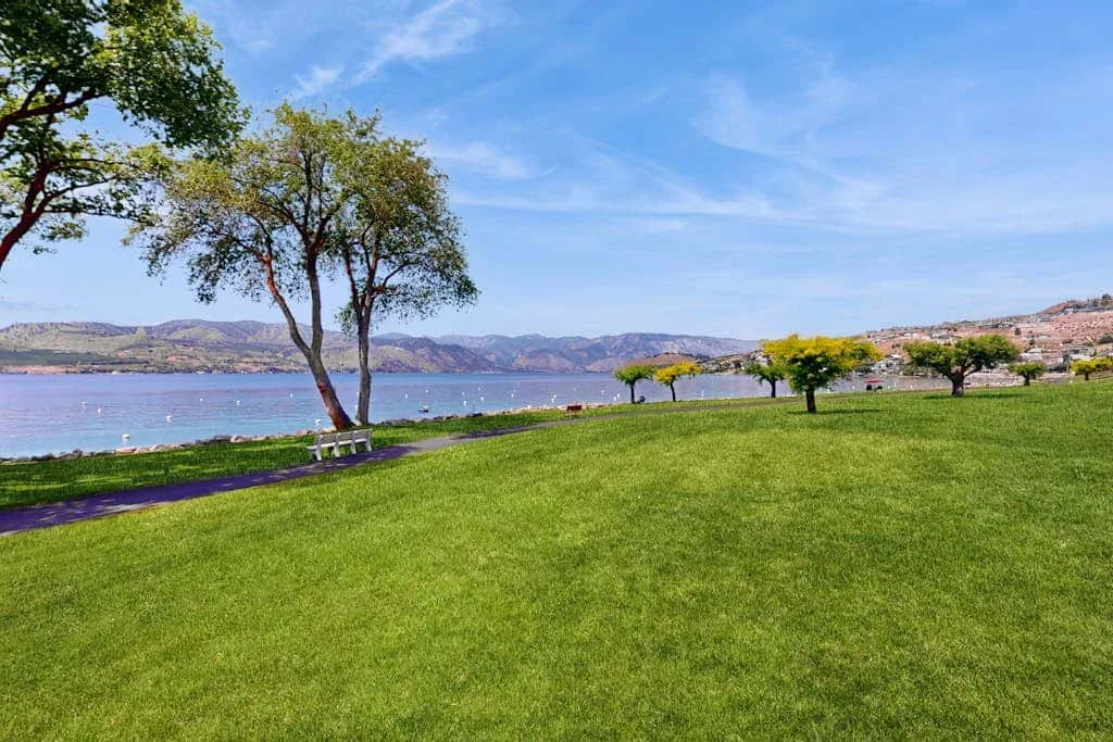 Un parque junto al agua con césped y vistas a colinas lejanas.