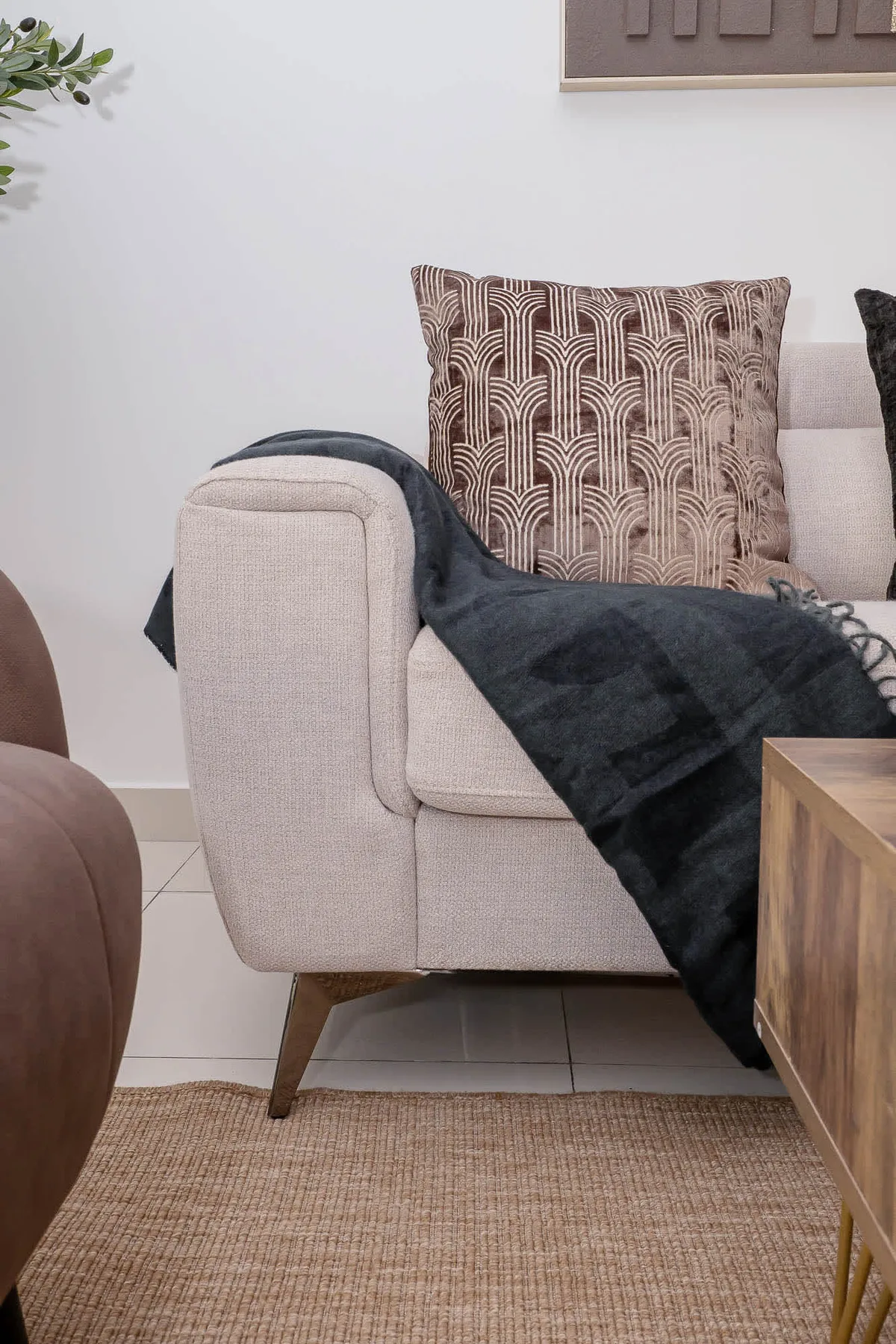 A living room seating area with a patterned cushion and dark throw on the sofa.